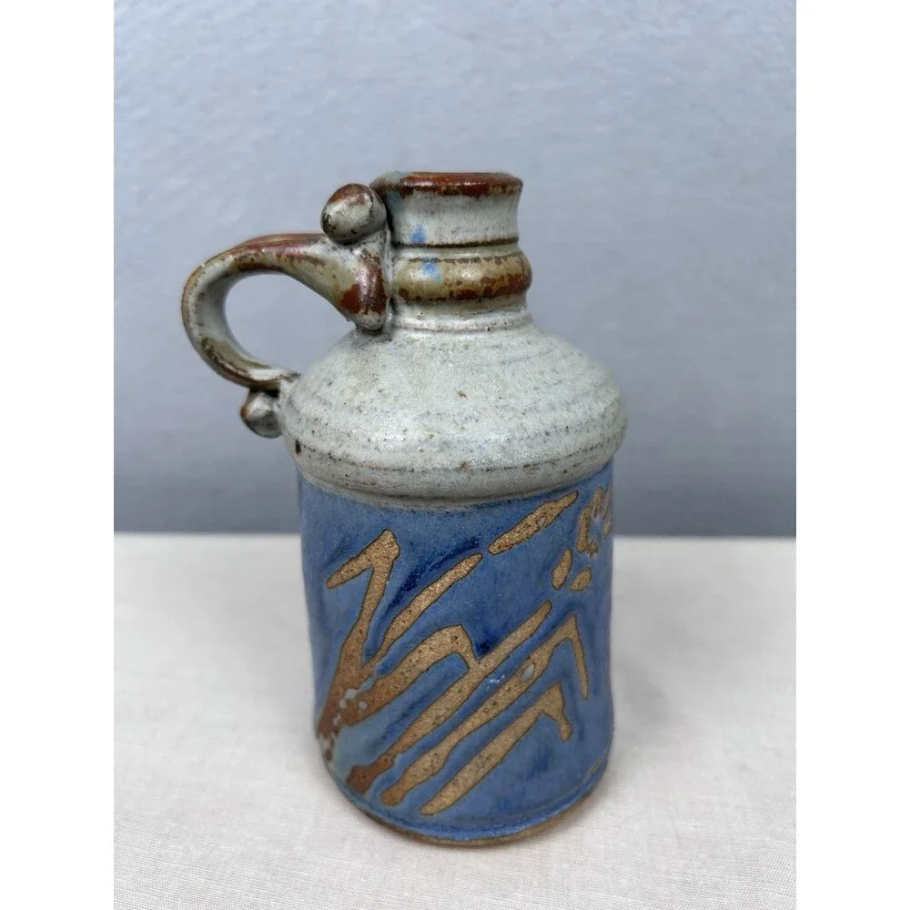 VTG Signed Hand-thrown studio pottery whiskey style jug sgraffito MCM Folk
